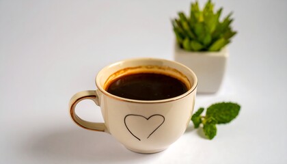Coffee cup with heart design and mint