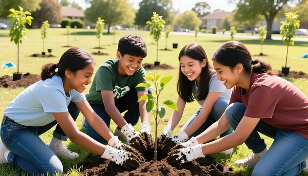 Diverse Group of Teenagers Planting a Tree in a Park