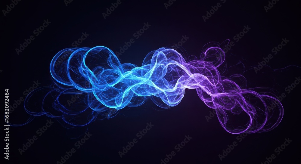 Poster a dynamic display of swirling, vibrant blue and purple abstract shapes against a dark background cre