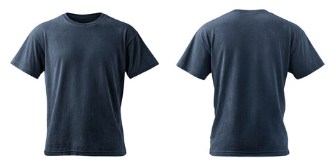 Front and back view of a plain, slate-blue t-shirt