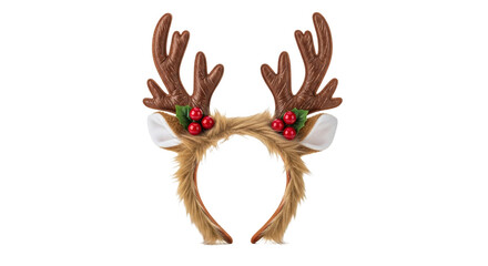A reindeer headband with brown antlers, fluffy ears, red berries, and green leaves on a black background