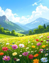 Fototapeta premium A vibrant meadow of colorful flowers fills a sunny valley nestled amongst rolling hills and mountains.