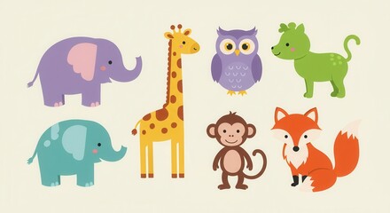 Fototapeta premium Colorful, cartoon-style animal illustrations set against a light beige background.