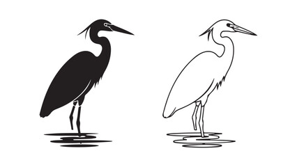 Standing heron bird silhouette and outline with transparent background