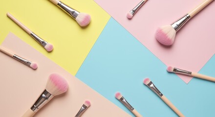A collection of pastel-colored makeup brushes arranged artistically on a vibrant geometric background.