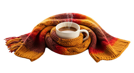A steaming cup of coffee nestled in a cozy orange and red knitted scarf on a black background
