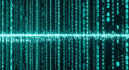 Obraz premium Digital Rain Data Stream: Dive into the dynamic realm of data, where binary code cascades like a digital downpour, symbolizing the complexities of technology and information flow. 