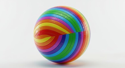 A colorful, rainbow-striped sphere sits against a plain white background, showcasing vibrant hues and a three-dimensional, textured design.