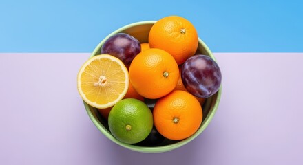Bowl of fresh fruit including oranges, plums, lime, and lemon on a pastel background