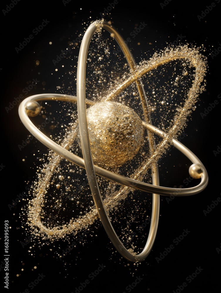 Poster a golden atom with rings and sparkling particles against a dark cosmic backdrop, illustrating atomic