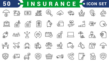Insurance and assurance icon set. Containing healthcare medical, life, car, home, travel insurance icons. Solid icons vector collection.