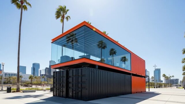 Innovative Shipping Container Building in Urban Cityscape with Palm Trees
