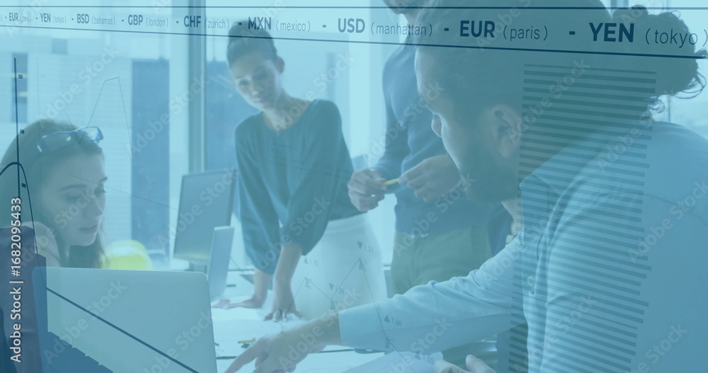 Poster collaborating analysts analyzing data at modern office table with laptops under currency overlay
