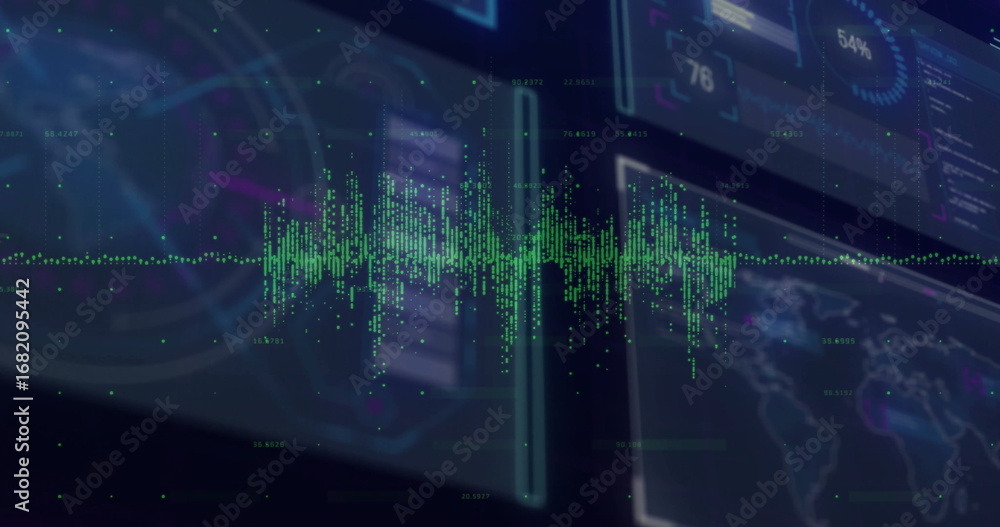Poster interface displaying green waveform in control center, with holographic rectangular panels