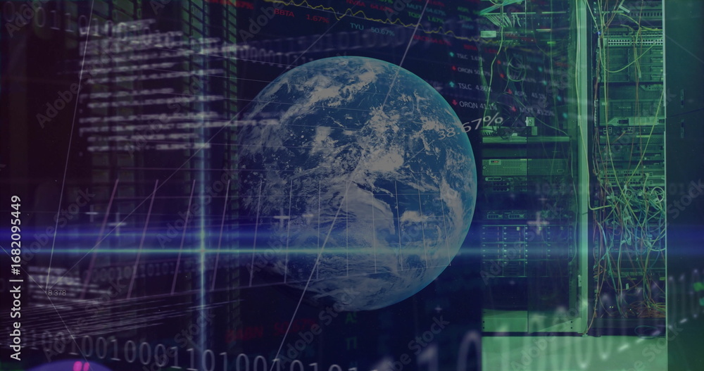 Poster rotating transparent earth globe overlaying data center server racks, streaming code and charts
