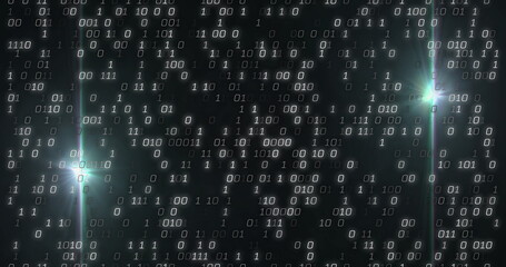 Streaming binary digits cascading in data visualization with greenish lens streaks, flare points