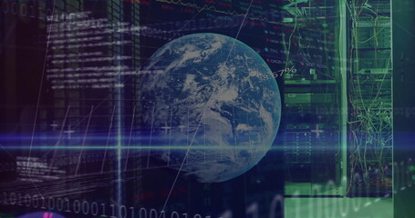 Rotating transparent Earth globe overlaying data center server racks, streaming code and charts