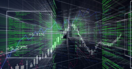 Floating green code panels showing candlestick, line graph in cyberspace, with percentage labels