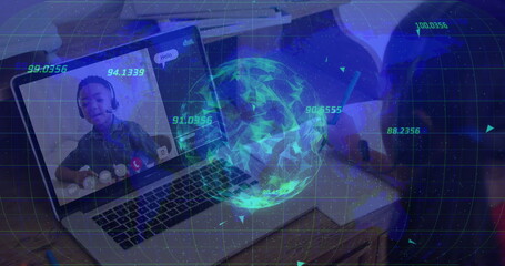 Girl with headset speaking on laptop at home, with boy writing notebook, globe overlay, copy space