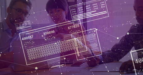 Collaborating team in business attire reviewing documents on laptop in boardroom, with AR overlays