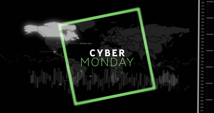 Neon green frame enclosing CYBER MONDAY text on digital world map interface, with bar chart scale - Powered by Adobe