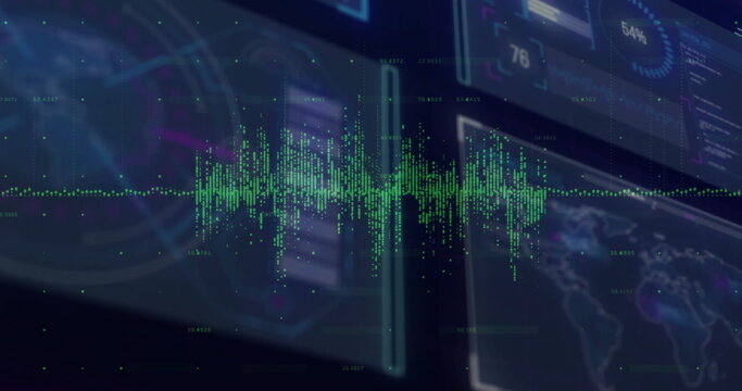 Interface displaying green waveform in control center, with holographic rectangular panels