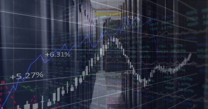 Displaying financial chart overlay over racks in data center hallway, with blinking LED lights