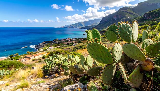 Panoramic view of a coastal landscape featuring a vibrant array of greens and blues, with a cluster of prickly pear cacti prominently displayed.