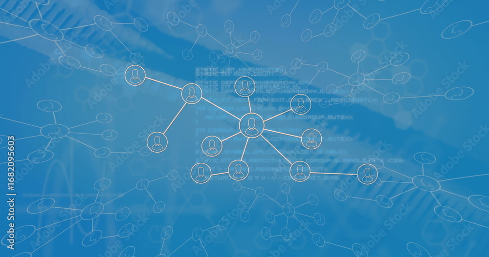 Aufkleber displaying central user avatar node linking surrounding nodes on blue network, with code overlays