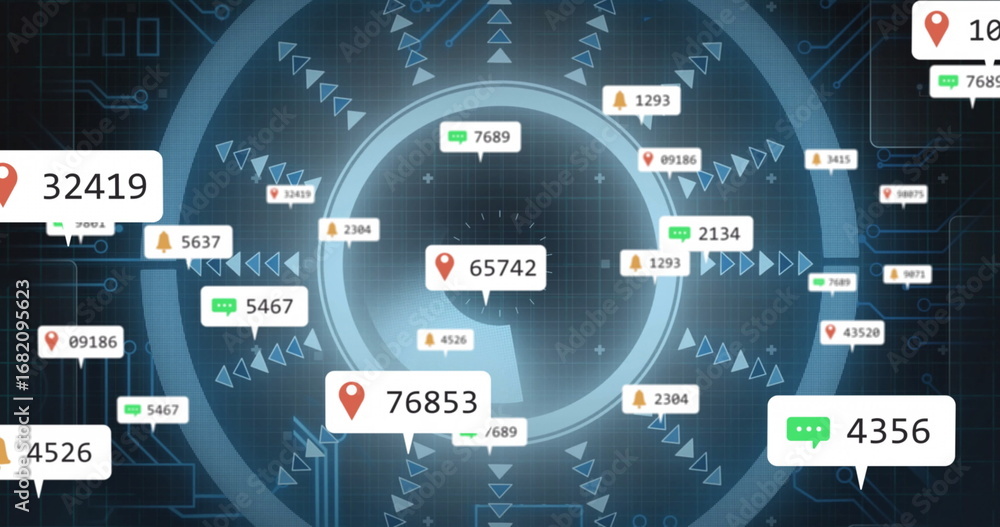 Poster floating central notification bubble rotating over tech dashboard, with pin, chat and bell icons