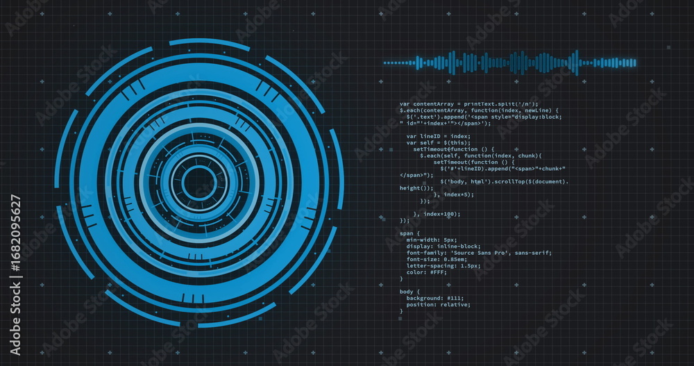 Poster displaying blue concentric hud graphic on computer interface, with grid, waveform, code, copy space