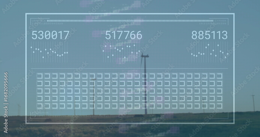 Poster displaying translucent interface overlaying grassy plain with turbines, with readouts and graphs