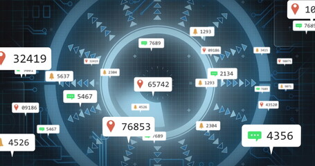 Floating central notification bubble rotating over tech dashboard, with pin, chat and bell icons