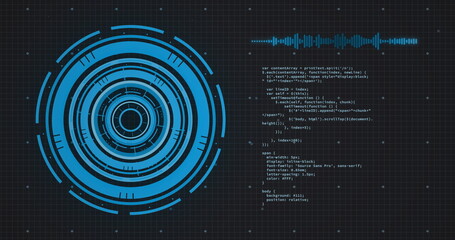 Displaying blue concentric HUD graphic on computer interface, with grid, waveform, code, copy space