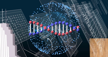Floating DNA double helix rotating in holographic interface, with data panels, blue particles