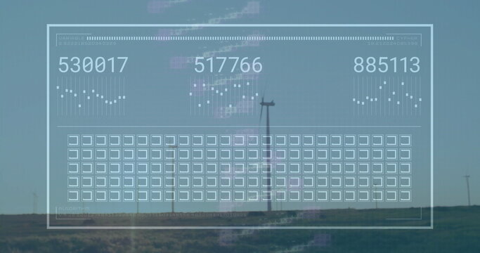 Displaying translucent interface overlaying grassy plain with turbines, with readouts and graphs