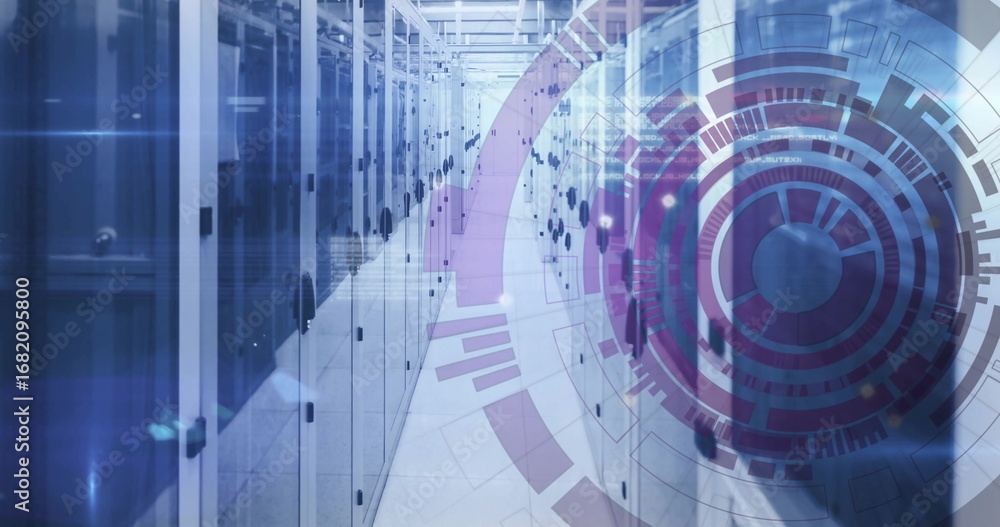 Aufkleber displaying rows of server cabinets lining data center corridor, with holographic interface overlay