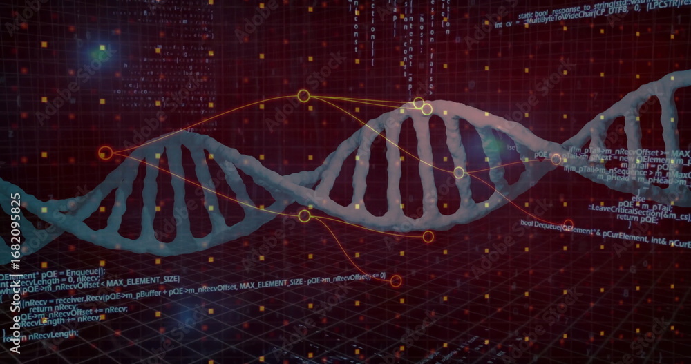 Aufkleber floating dna double helix rotating over dark grid plane, with glowing data nodes and code fragments