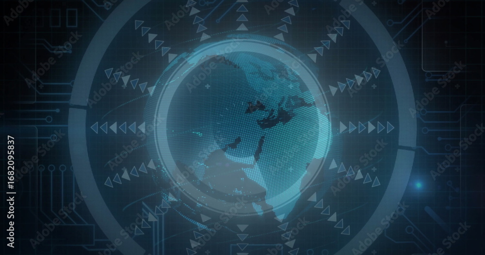 Poster displaying holographic earth globe in data dashboard, with rings and arrows on circuit-board lines