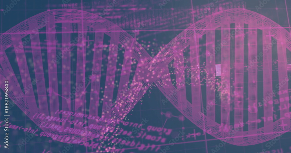 Poster floating dna double helix looping across 3d data grid, with glowing clusters and annotations
