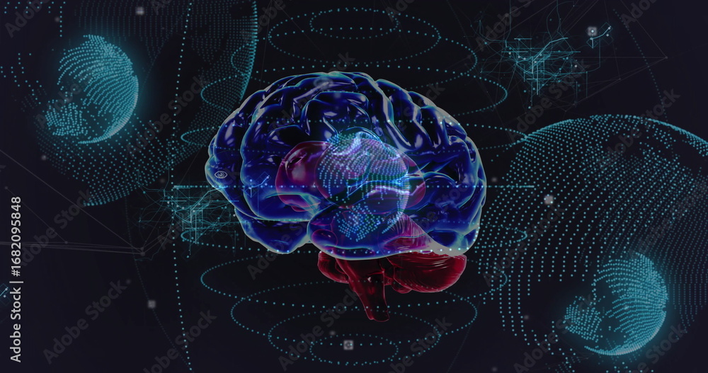 Poster glowing translucent brain model floating in virtual data space with globe wireframes, data rings