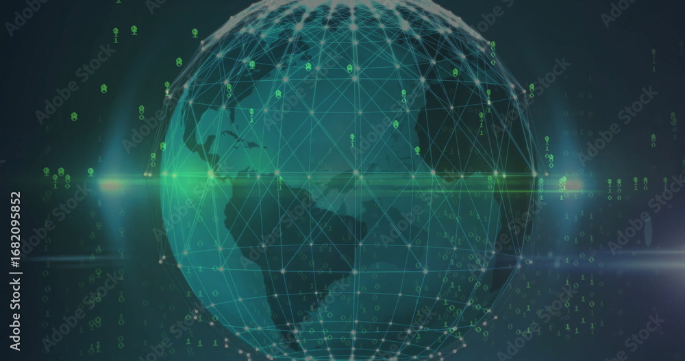 Leinwandbilder spinning digital globe showing network grid in digital scene with green binary code, lens flare