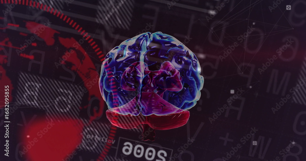Poster rotating semi-transparent 3d brain model in digital network interface, with holographic overlays