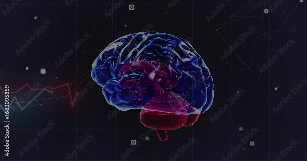 Aufkleber floating 3d-rendered brain model glowing over grid background, with data nodes and waveform chart