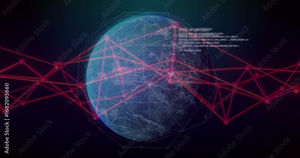 Aufkleber hovering digital earth globe with translucent wireframe mesh and magenta network web in cyberspace