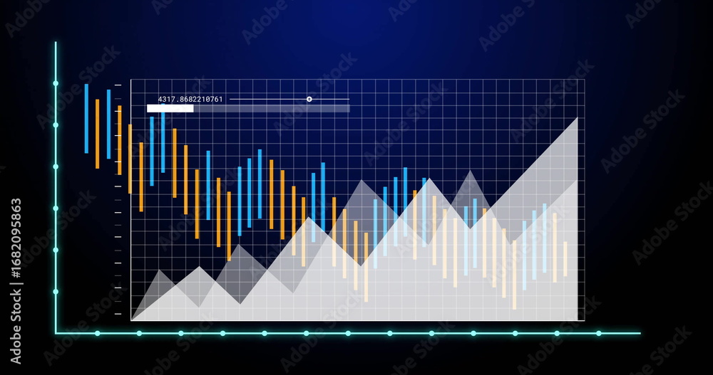 Fototapete displaying multiseries data chart on screen, with grid neon axes area peaks and data slider