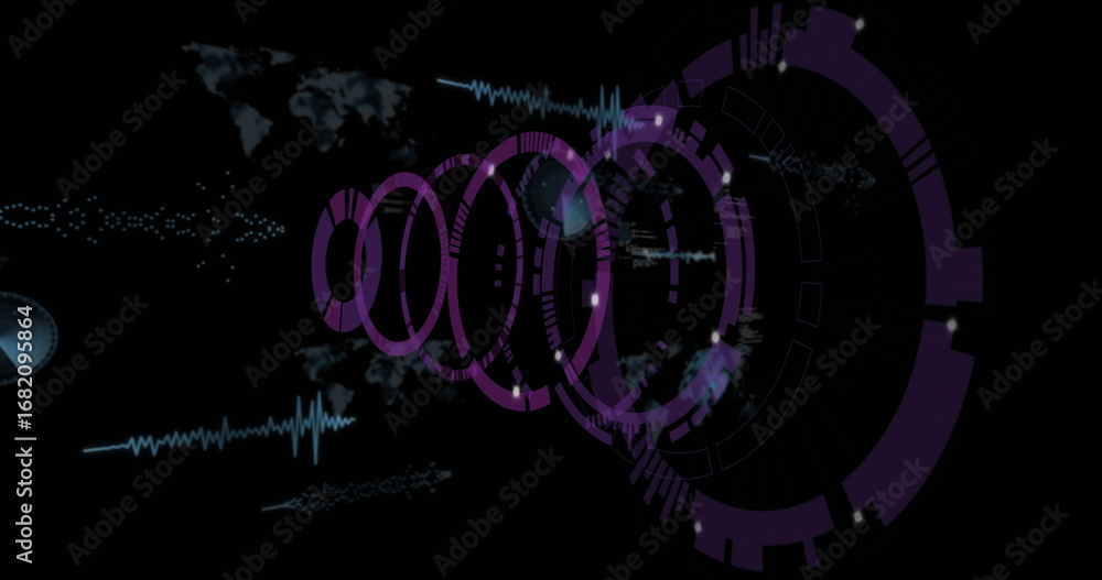 Aufkleber displaying purple concentric ring array floating on dark screen, with world map and blue waveforms