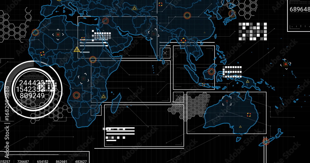 Poster displaying digital map interface showing data overlays on dark grid with hexagons and warning icons