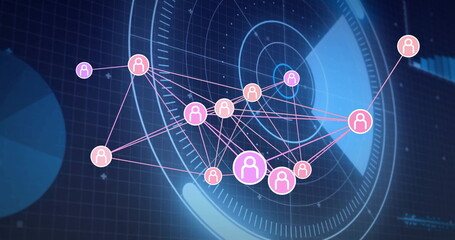 Visualizing network graph showing glowing avatar icons in dashboard, with connecting lines