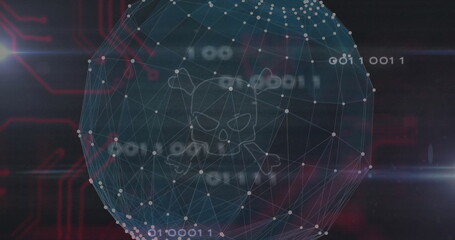 Floating mesh-network sphere showing skull-and-crossbones icon in cyber space, with binary code